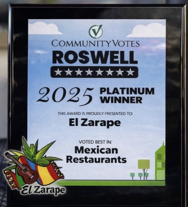 The 2025 Community Votes Roswell Platinum award plaque presented to El Zarape for Best Mexican Restaurant